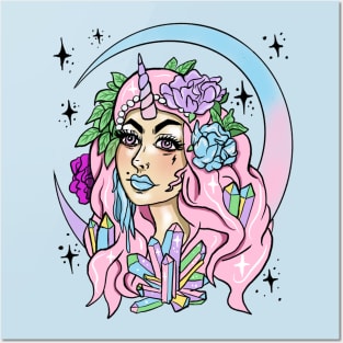 Unicorn Girl Pastel Goth Moon Maiden Crystal Cluster Posters and Art